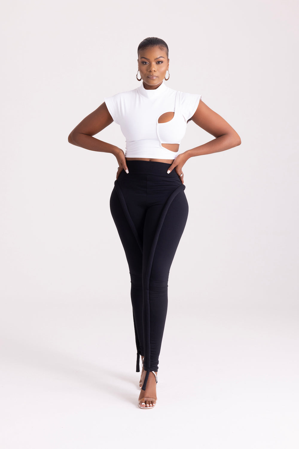 white high neck stretch cropped top and black high waisted leggings pants set - daolondon