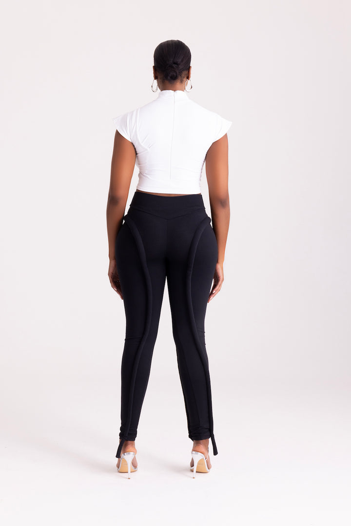 white high neck stretch cropped top and black high waisted leggings pants set - daolondon