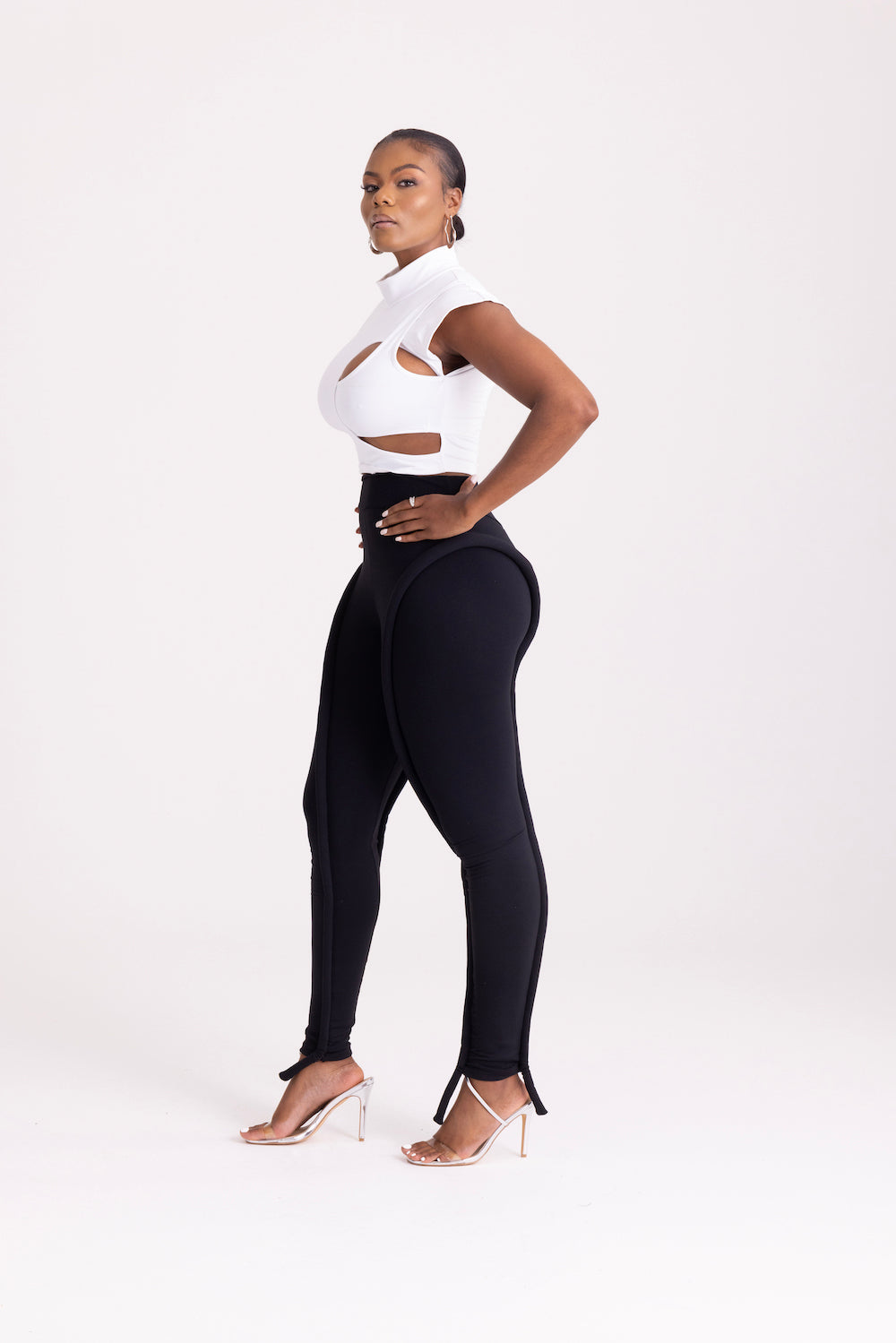 white high neck stretch cropped top and black high waisted leggings pants set - daolondon