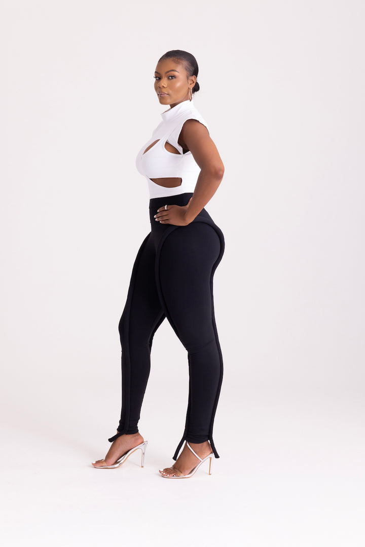 white high neck stretch cropped top and black high waisted leggings pants set - daolondon