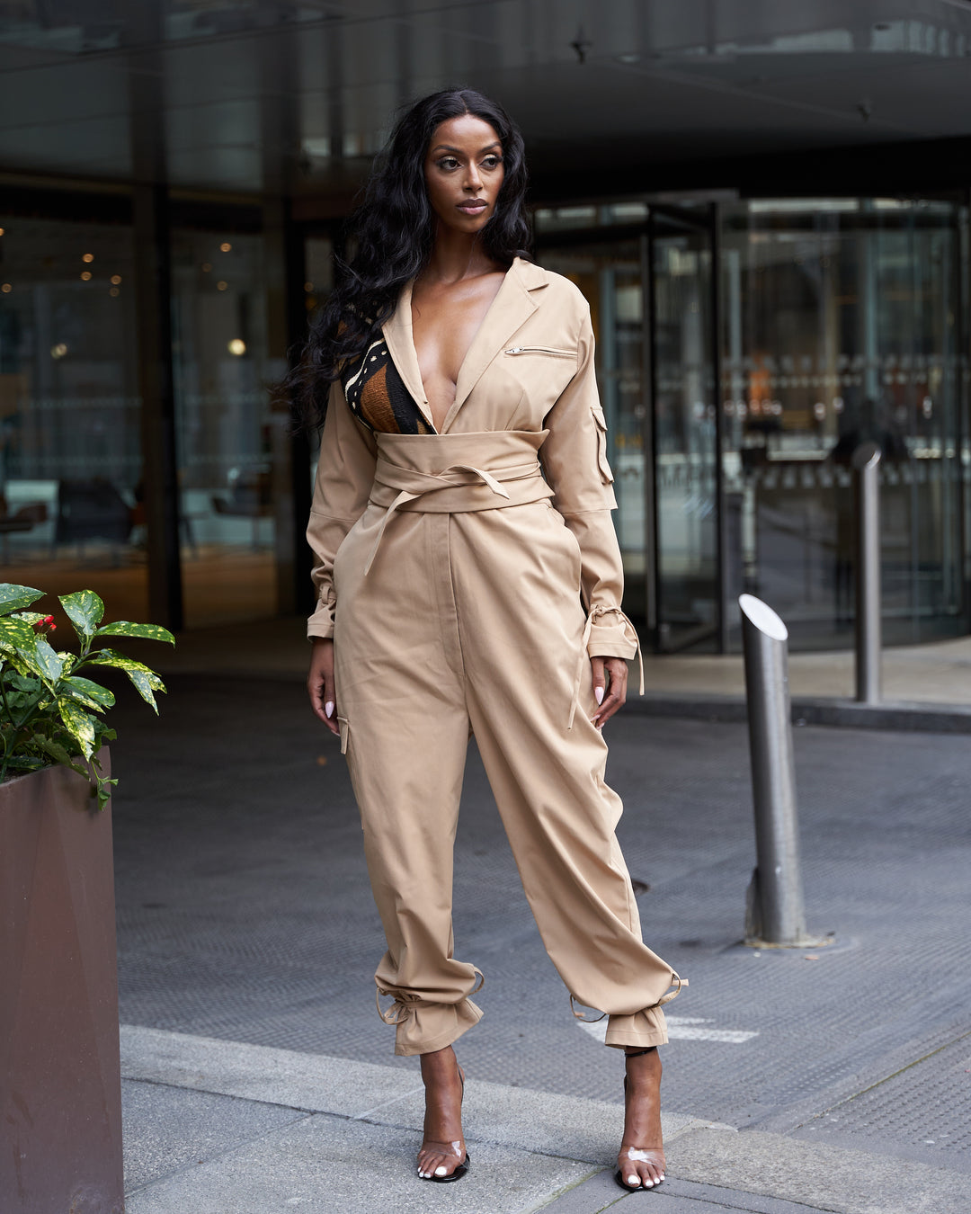 african inspired camel nude brown military boiler suit jumpsuit