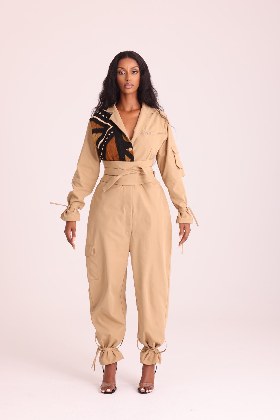 african inspired camel nude brown military boiler suit jumpsuit