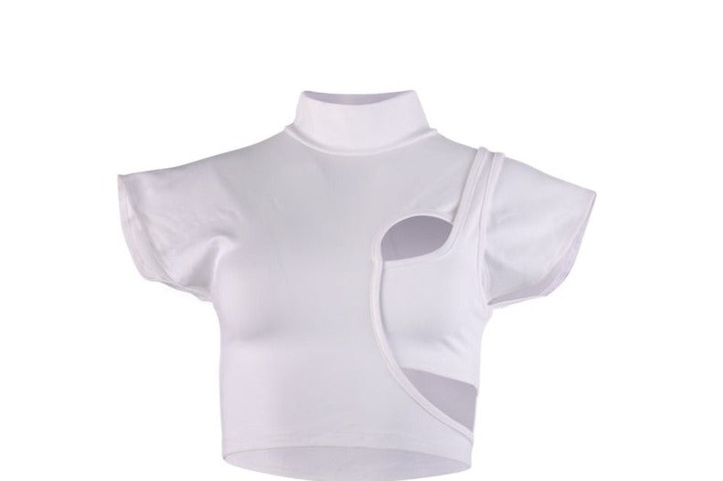 White Cropped Cut-out stretch High Neck Top